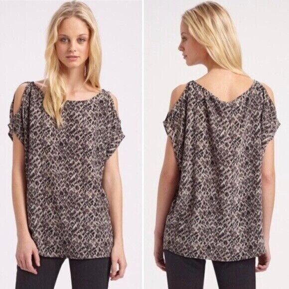 Joie 100% Silk Tribal Aztec Feather Print Cold Shoulder Top Blouse Sz S Womens - Picture 3 of 8